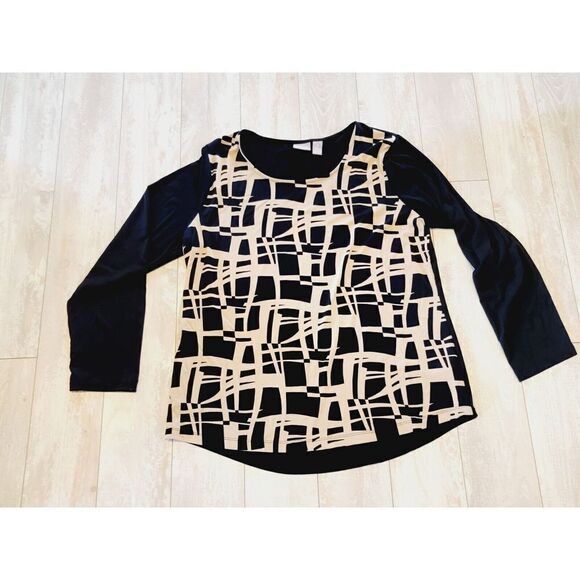 Chico's 2 Slinky Top Black Tan L/S Geometric Print Scoop Neck Pullover Size Larg - Picture 1 of 5